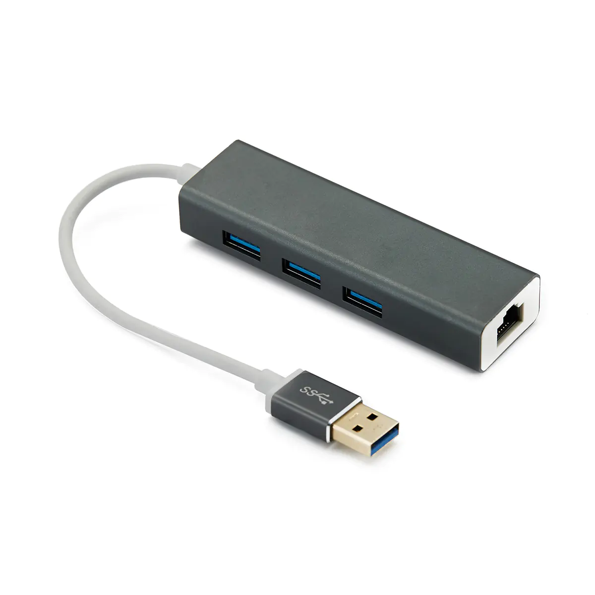 Compact aluminium USB-A hub on a plain background, showing its three USB-A 3.0 ports, RJ45 Ethernet port and attached USB-A cable