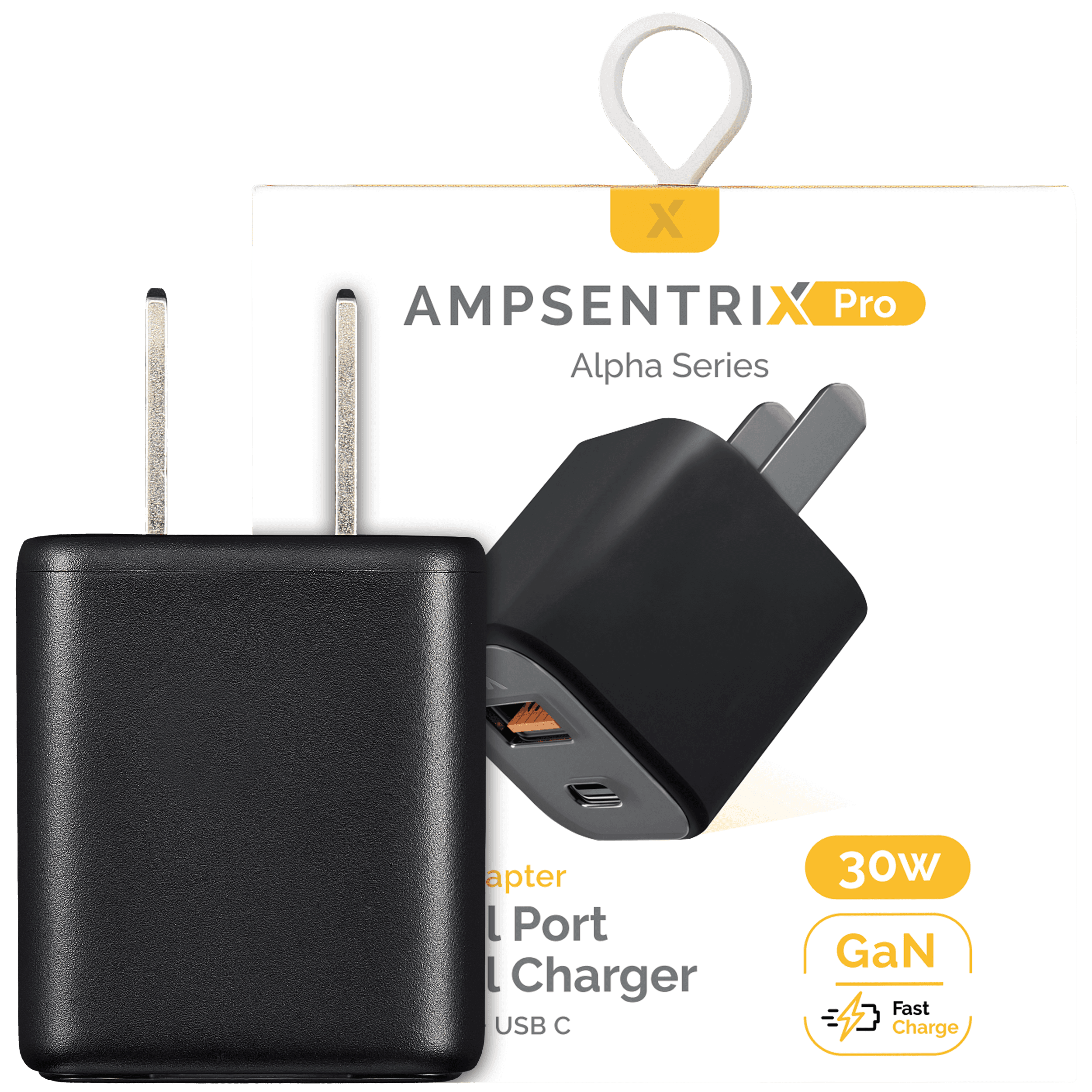 AmpSentrix Pro 30W USB-C + USB-A GaN Charger (Black)