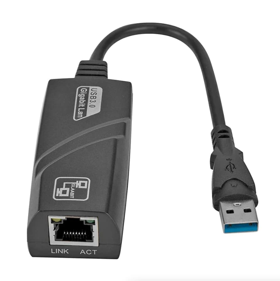 Black USB 3.0 to gigabit Ethernet adapter shown from the front, with a blue-cored USB-A plug on a short captive cable and an RJ45 jack marked LINK and ACT