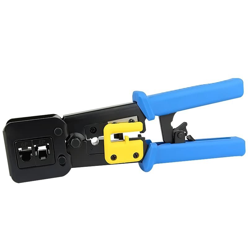 Blue-handled RJ45 pass-through crimping tool shown from the die side, with 6P and 8P open-ended crimp slots and a yellow conductor-trimming blade