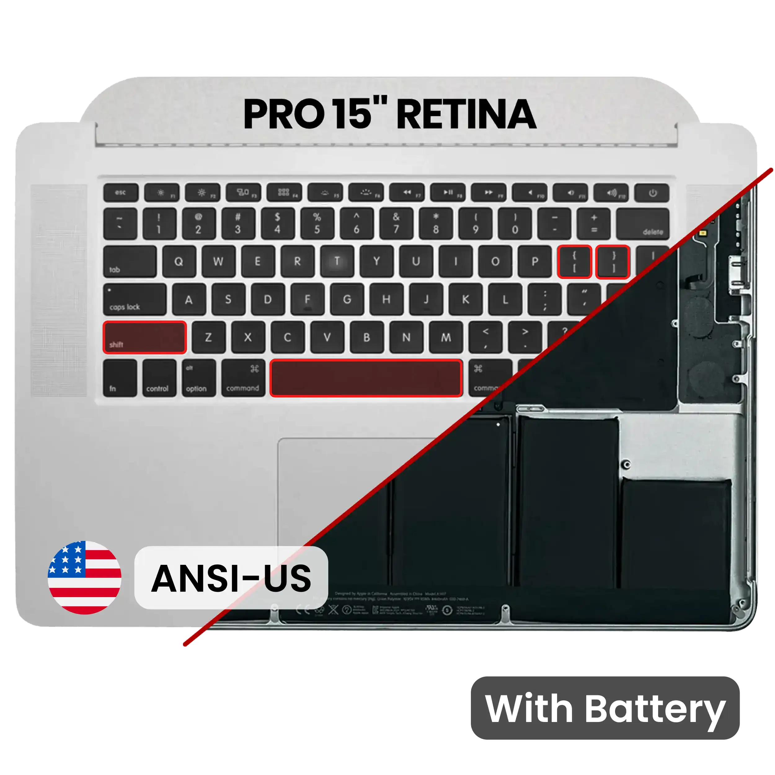 Top Case with Battery and Keyboard (ANSI US) For MacBook Pro 15" A1398 (2012-2013) (Used OEM Pull: Grade A)