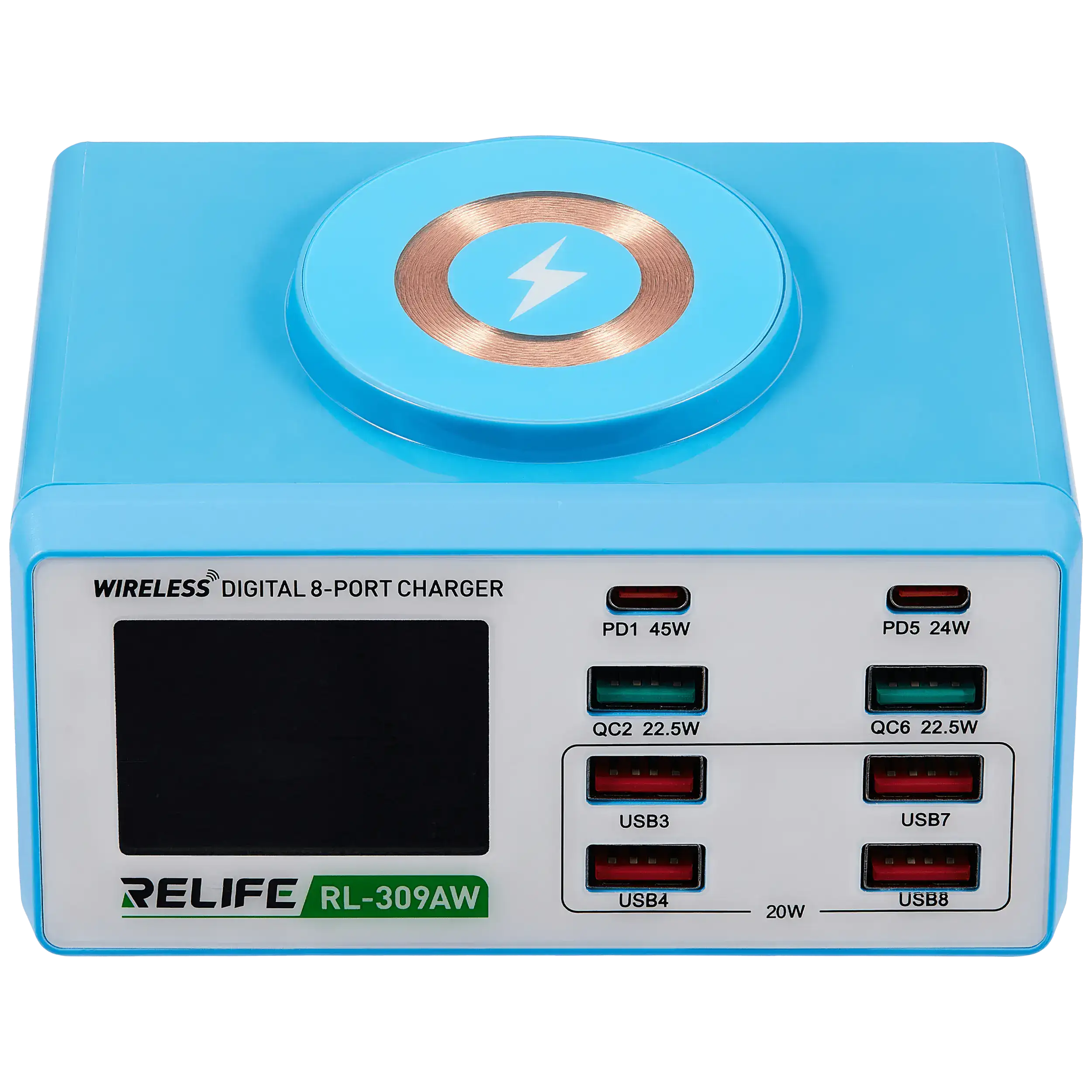 ReLife RL-309AW Wireless Digital Display 8-Port Charger 100W