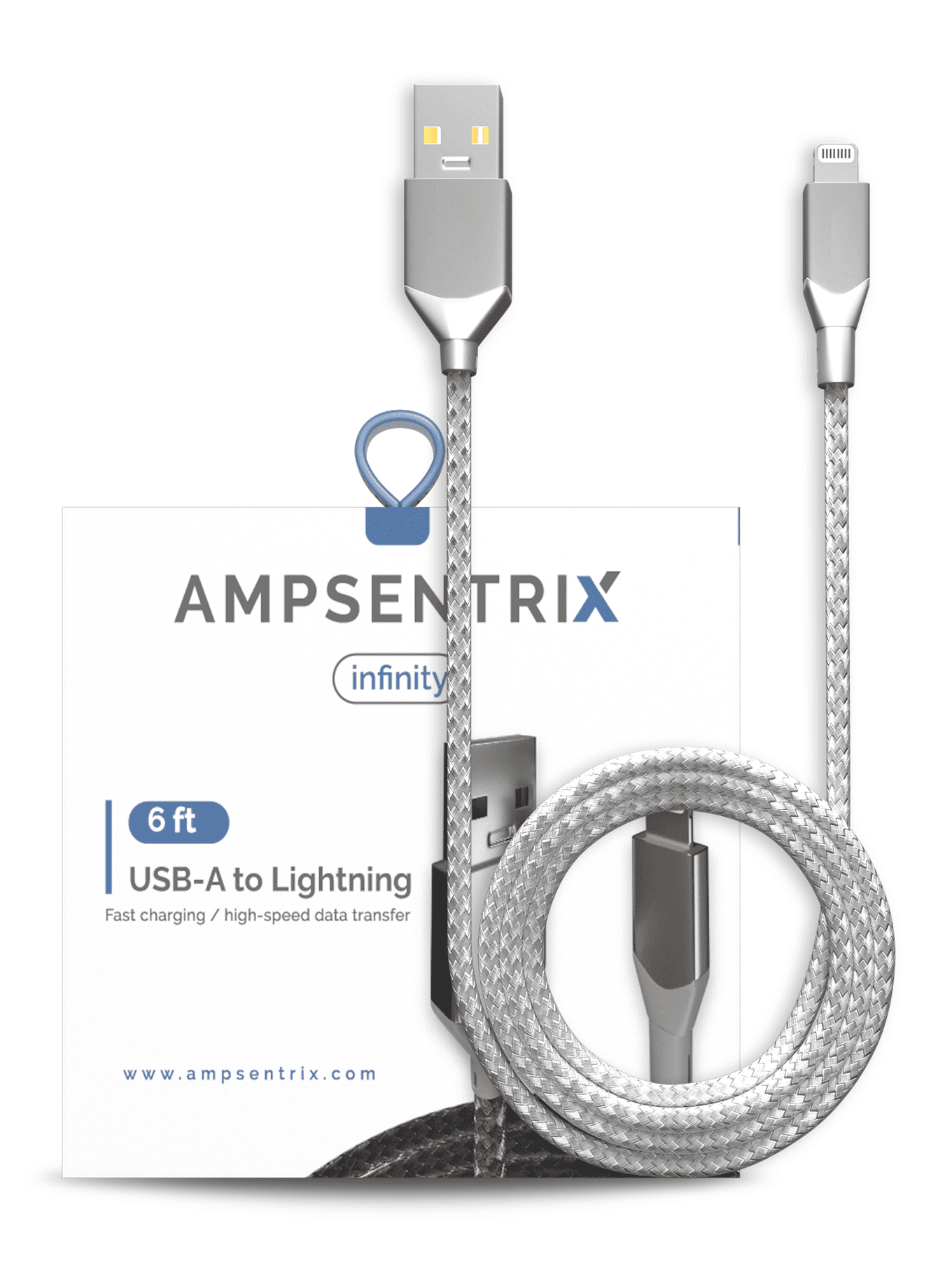 USB Type A To Lightning Cable (Non-MFI) (1.8 m / 6 ft) (AmpSentrix Infinity) (Silver)