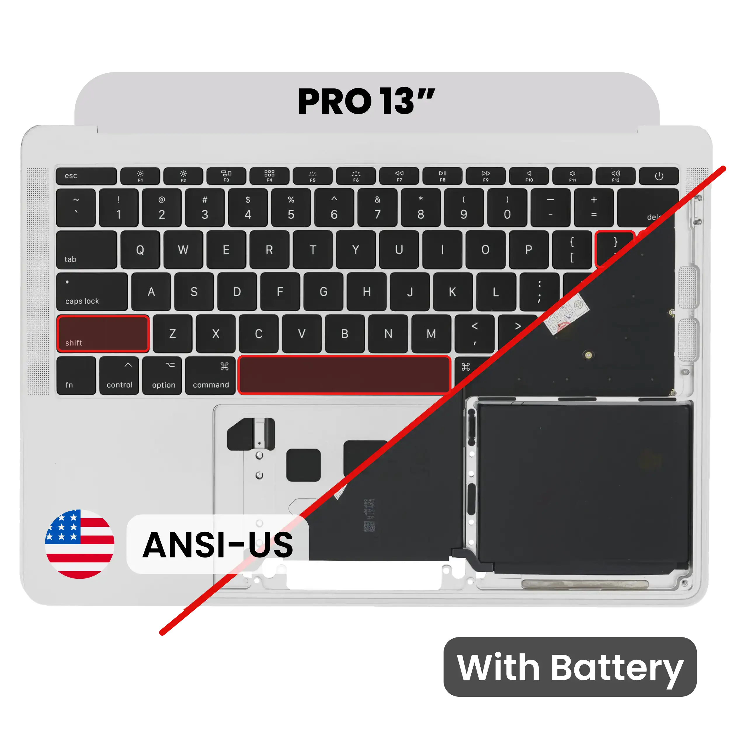 Top Case with Battery and Keyboard (ANSI US) For MacBook Pro 13" A1708 (2016) (Used OEM Pull: Grade A) (Silver)