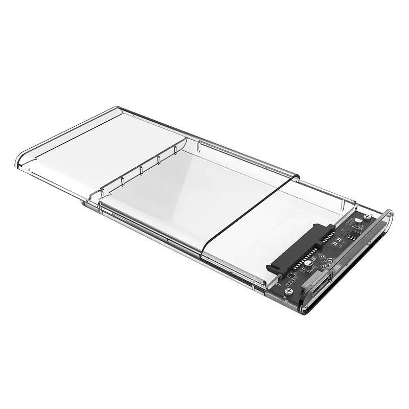 Clear 2.5-inch drive enclosure with the cover slid open, showing the empty drive bay and internal connector