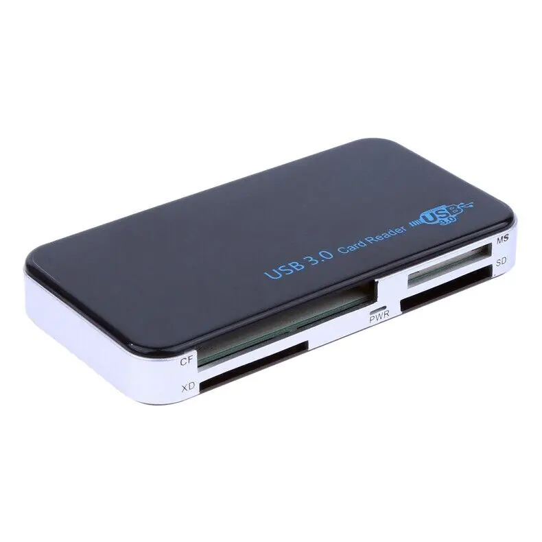 USB 3.0 card reader at an angle, showing the CF and xD slots on the front edge