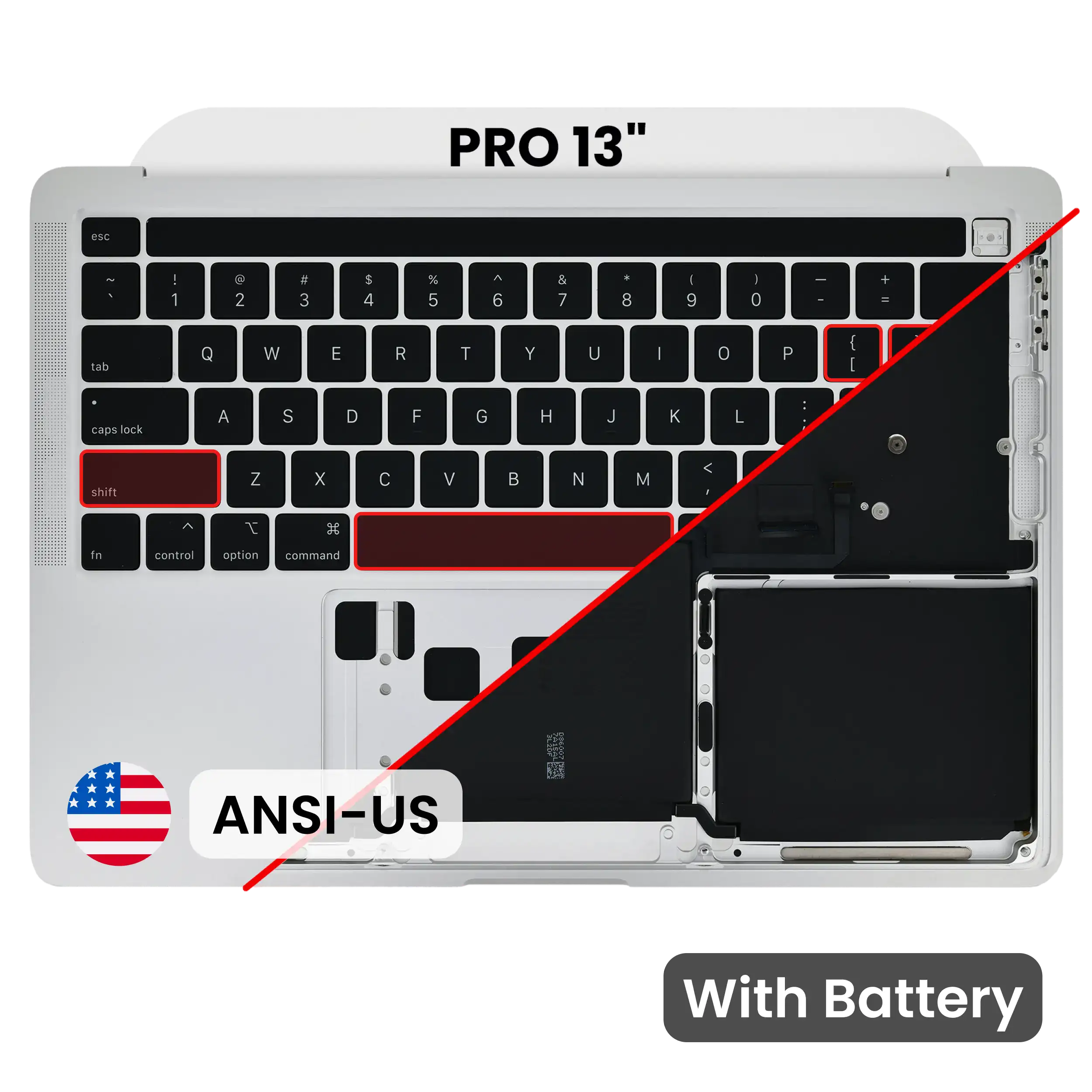 Top Case with Battery and Keyboard (ANSI US) For MacBook Pro 13" A2338 (2020) (Used OEM Pull: Grade A) (M1) (Silver)
