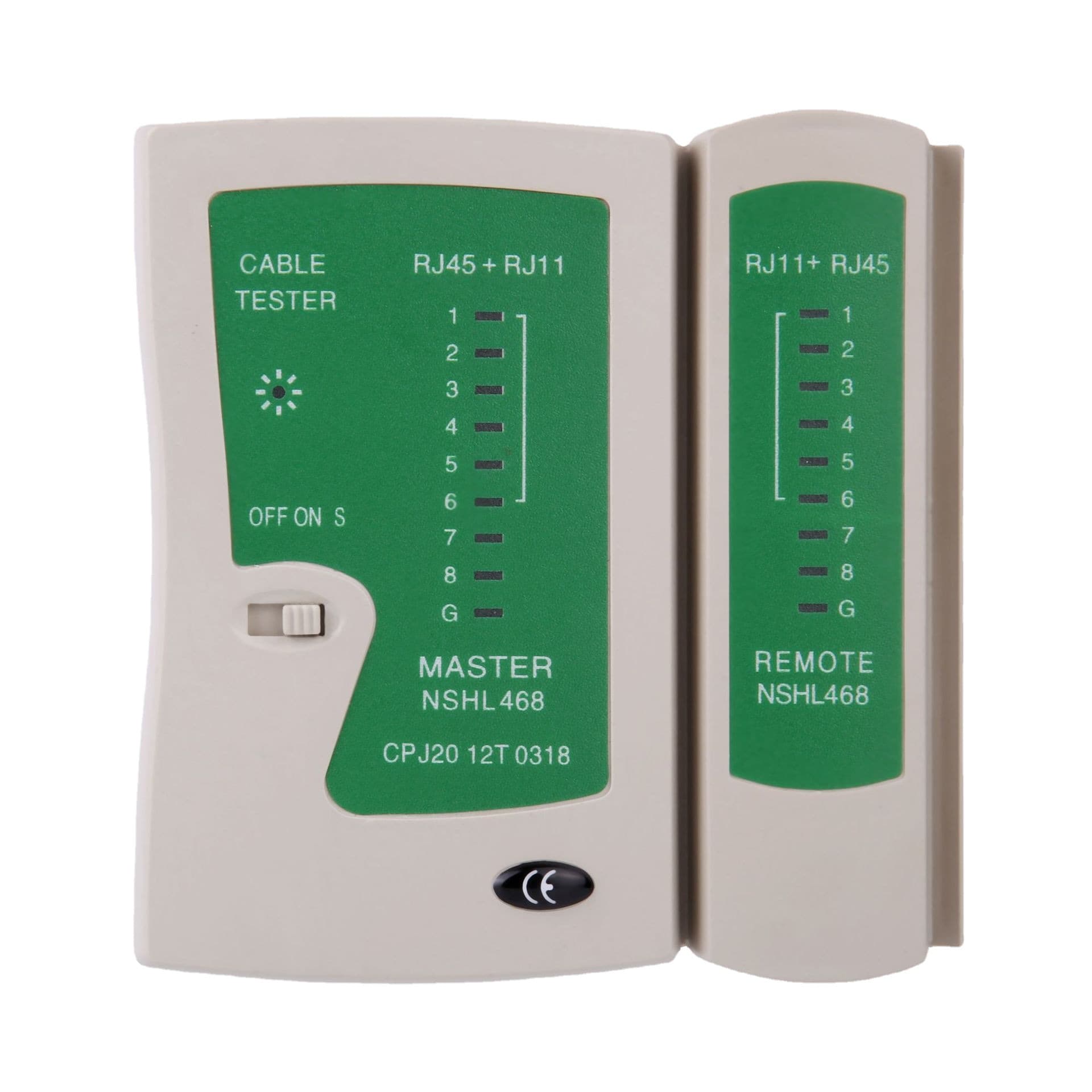RJ45 network cable tester: a cream main unit marked CABLE TESTER with RJ45 and RJ11 jacks and numbered LED positions 1 to 8 plus G, beside its matching detachable remote unit