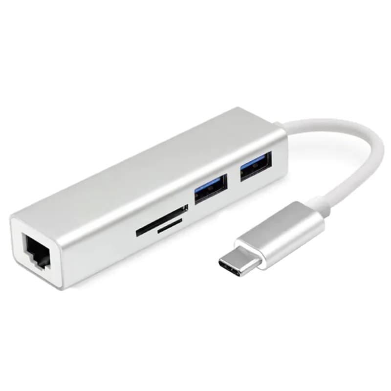 Compact aluminium USB-C hub on a plain background, showing its two USB-A ports, SD and microSD card slots, RJ45 Ethernet port and attached USB-C cable
